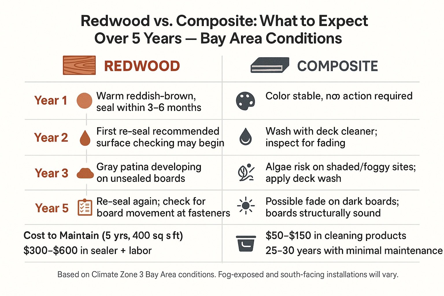 Redwood or Composite: What Changes After 5 Years on a Bay Area Deck?