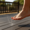 Composite decking boards in direct Bay Area summer sun with heat shimmer rising from the dark gray surface