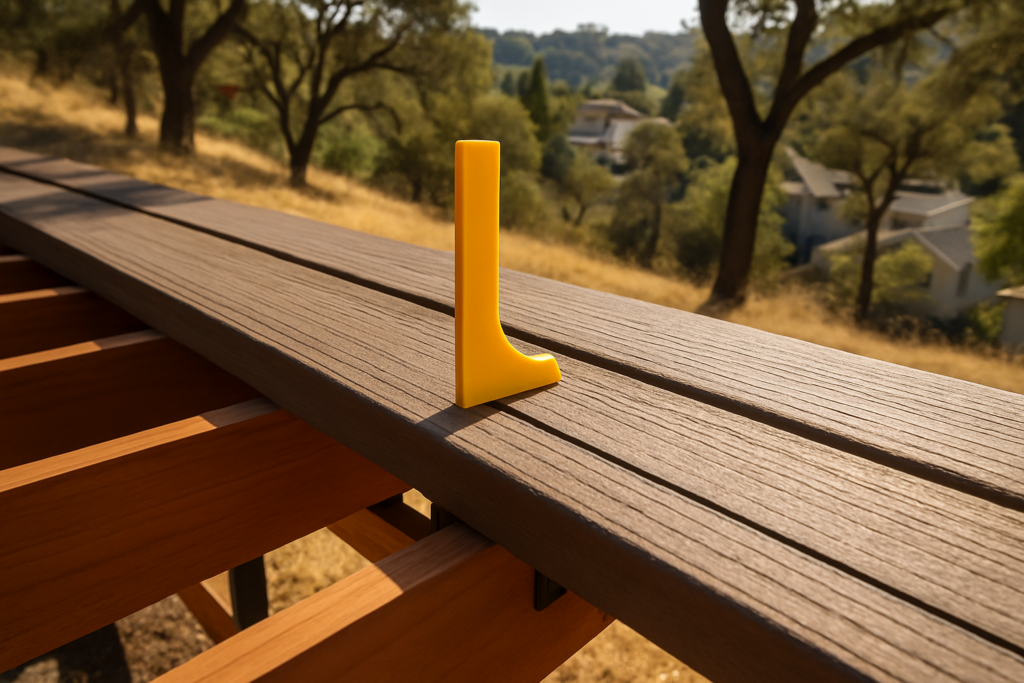 Contractor measuring board gap spacing on a composite deck in an Oakland hills fire zone neighborhood