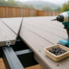 Grooved composite deck boards with a hidden clip on one side and face-screwed boards on the other