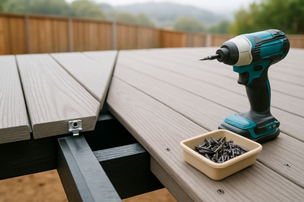 Grooved composite deck boards with a hidden clip on one side and face-screwed boards on the other