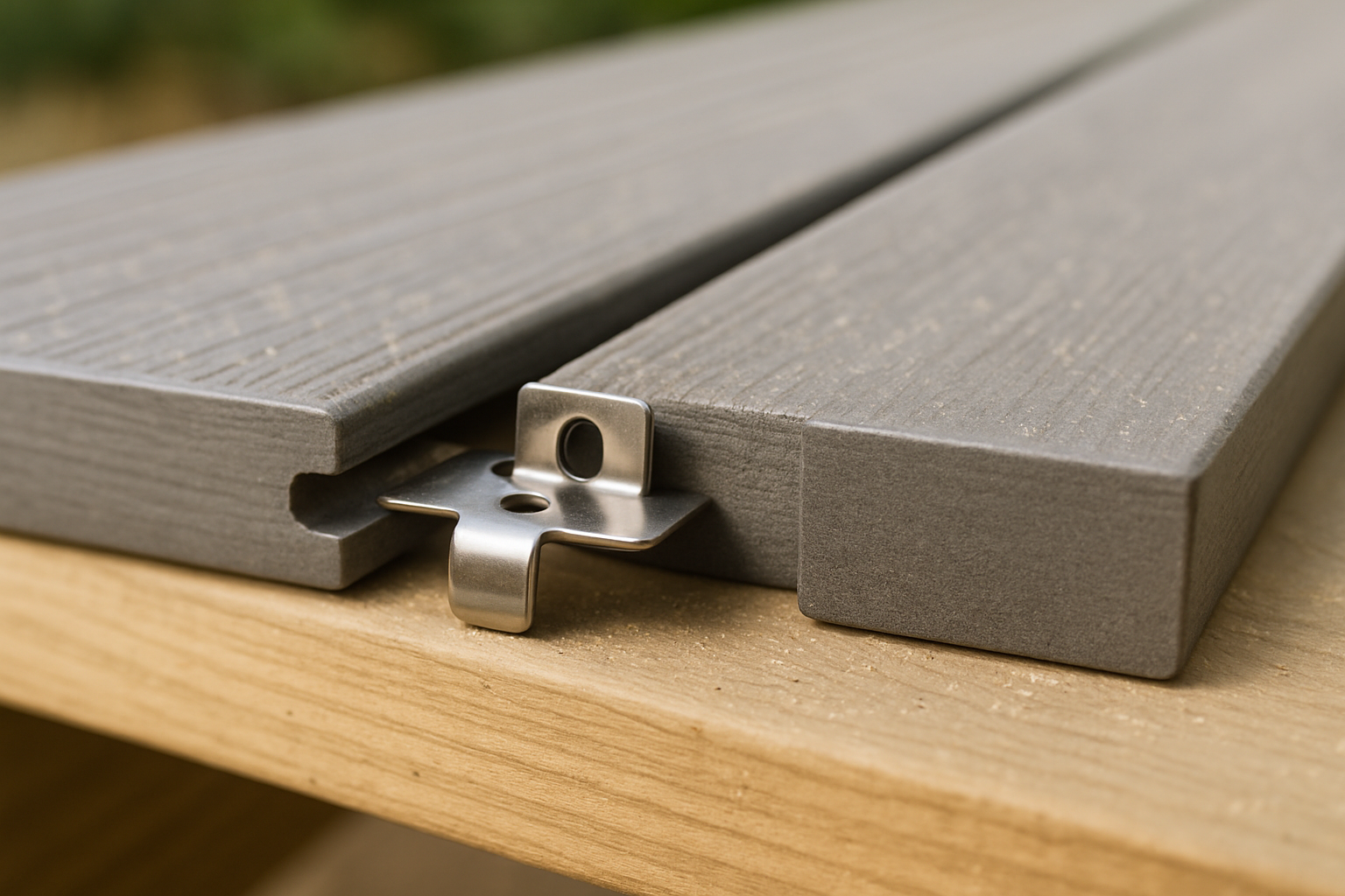 Close-up comparing a grooved composite board edge with a hidden clip to a square-edge board