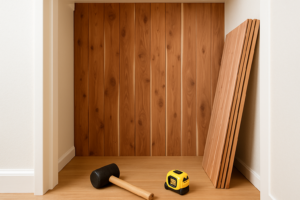 Cedar tongue-and-groove boards being installed on the interior walls of a closet during a cedar closet lining project.