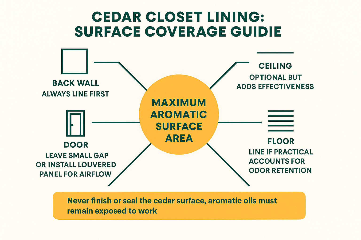 How to Line a Closet with Cedar the Right Way 2 Infographic showing which closet surfaces to line with cedar and why leaving a door gap improves airflow and effectiveness.