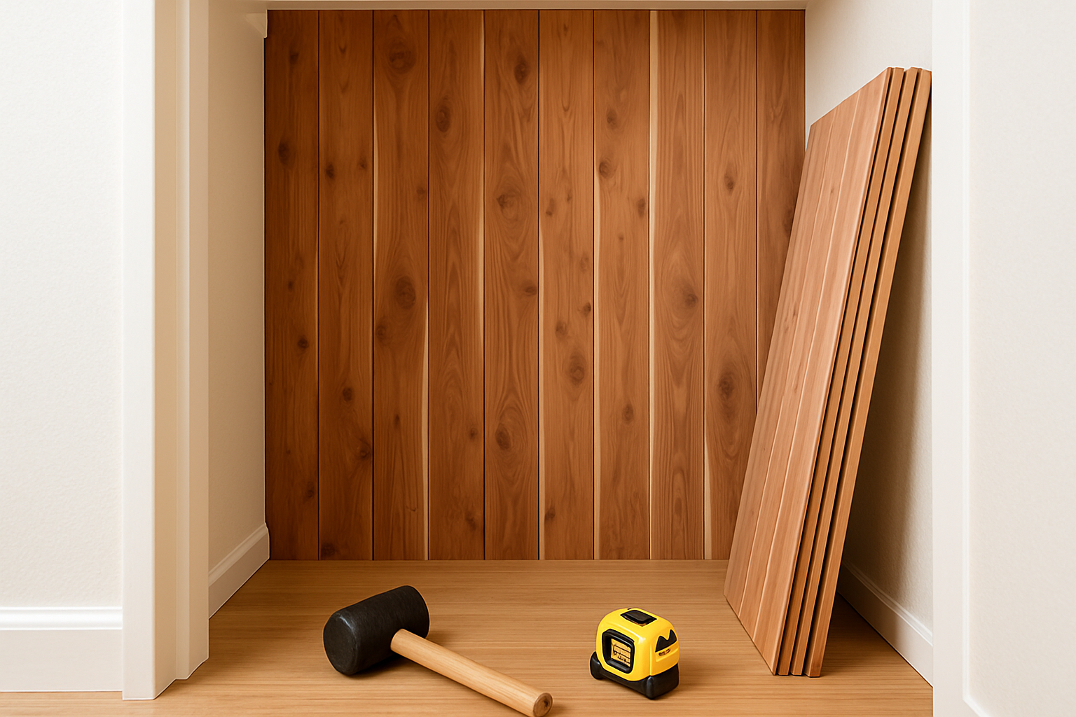 Cedar tongue-and-groove boards being installed on the interior walls of a closet during a cedar closet lining project.