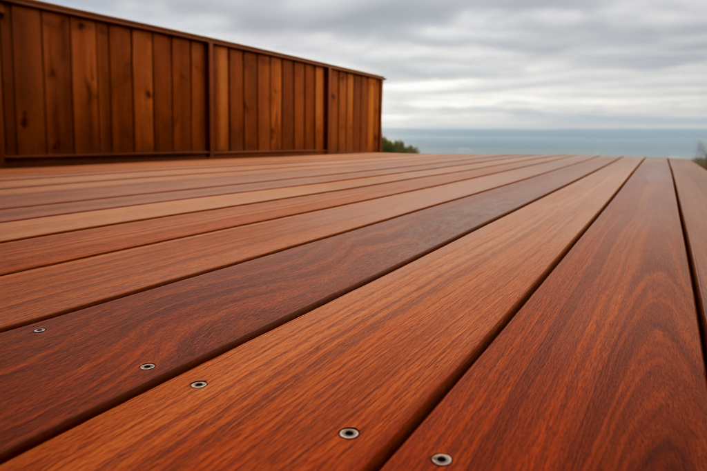 Freshly installed ipe hardwood decking boards with stainless steel fasteners on a Bay Area outdoor deck under an overcast sky.