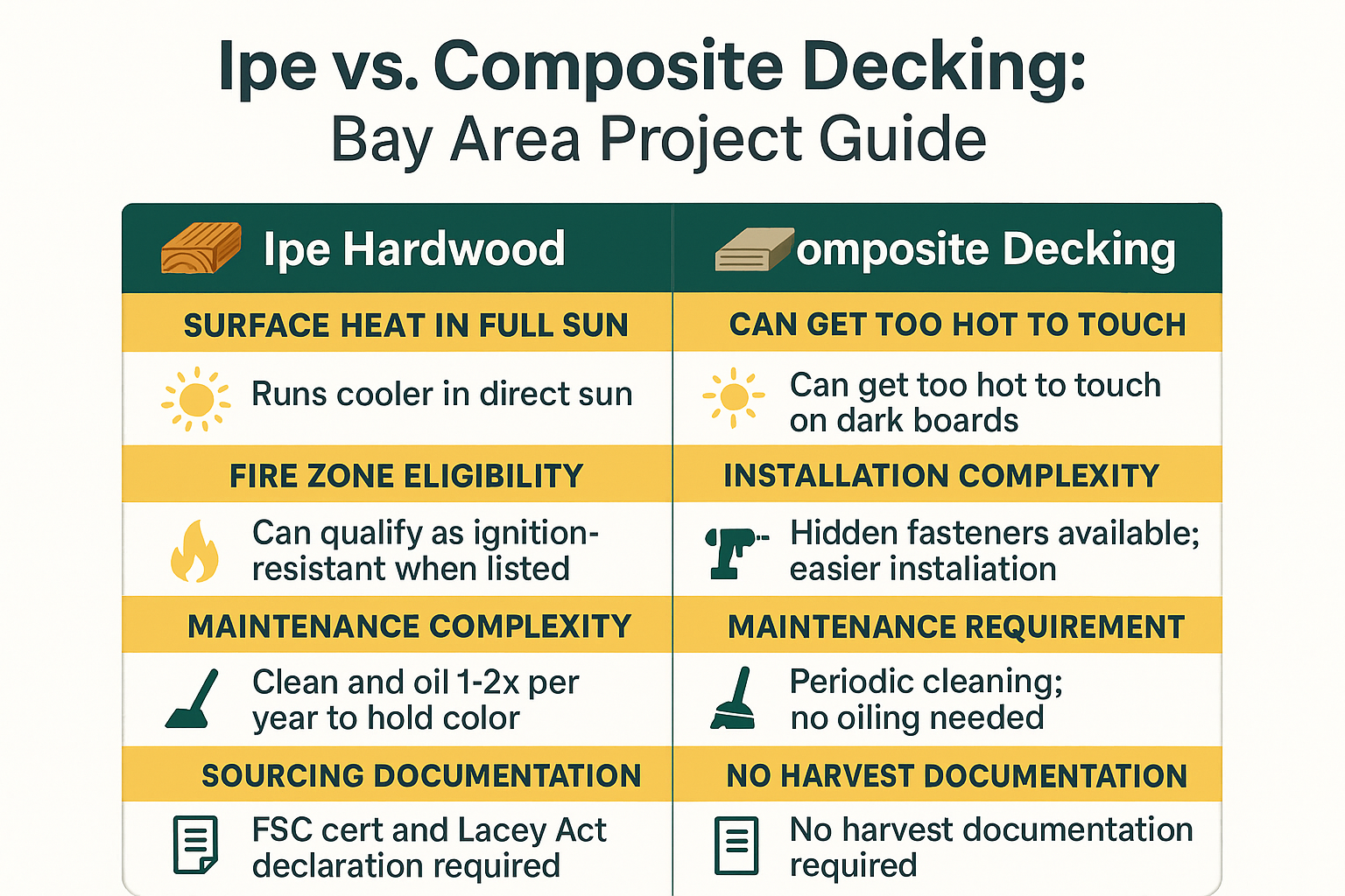 Ipe and Other Hardwood Decking: What Bay Area Buyers Need to Know 2 Infographic comparing ipe hardwood decking and composite decking across heat, fire compliance, installation, maintenance, and sourcing for B