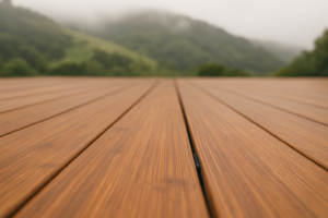 MOSO bamboo decking boards installed with hidden fasteners on a Bay Area hillside deck with fog in the background.
