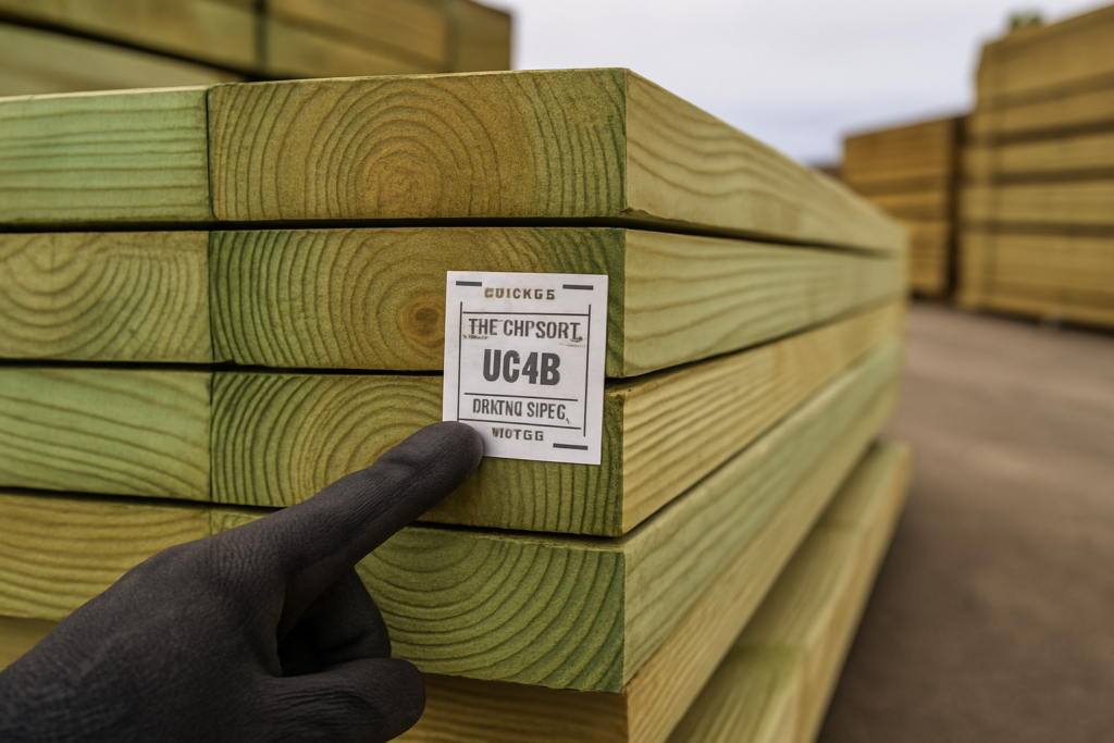 Pressure-treated lumber stack at a Bay Area lumber yard with end-tag use category labels visible on cut board ends