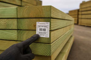 Pressure-treated lumber stack at a Bay Area lumber yard with end-tag use category labels visible on cut board ends