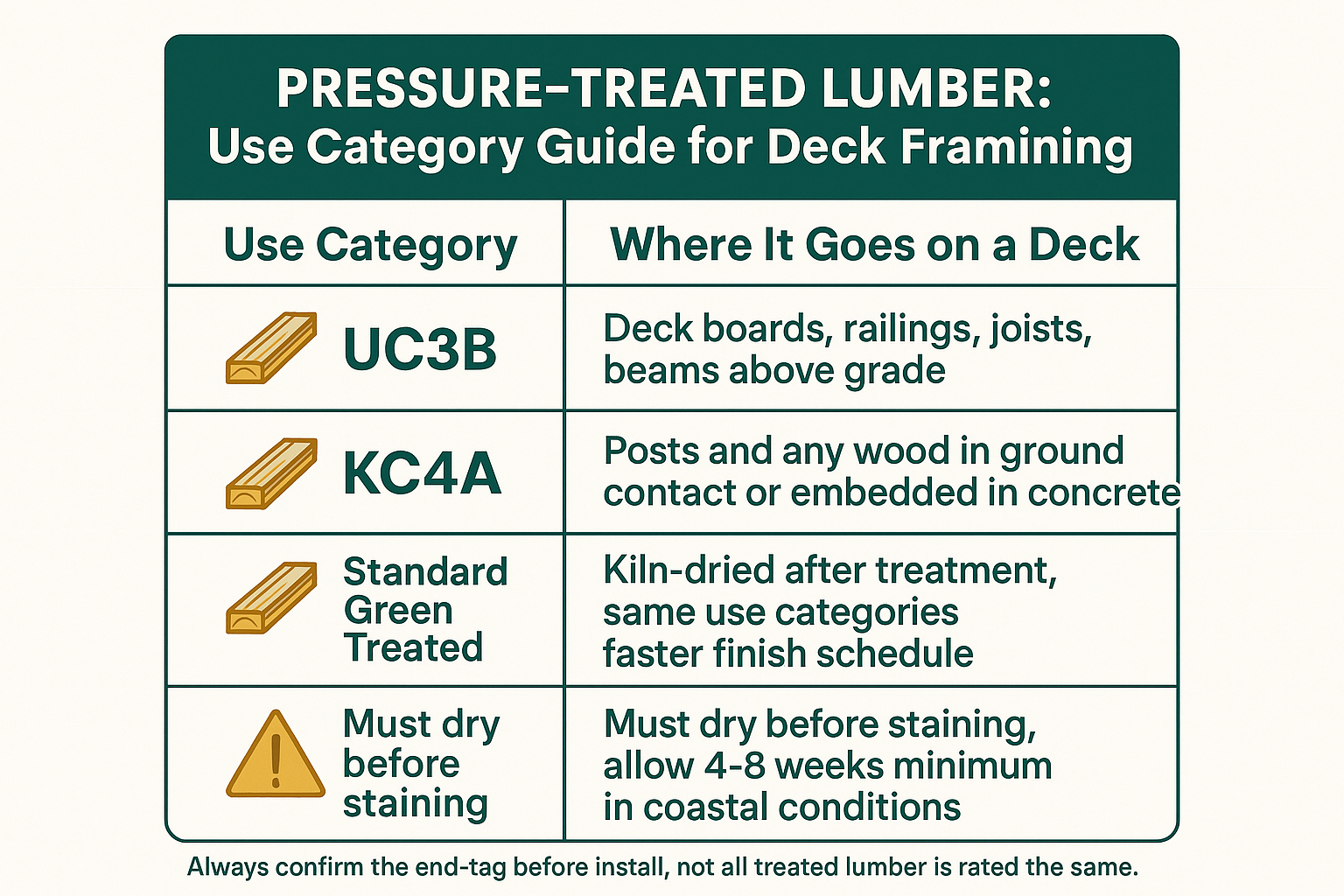 Infographic showing pressure-treated lumber use category codes UC3B and UC4A and where each applies on a residential deck