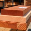 Three redwood deck boards stacked at a lumber yard showing heartwood and sapwood color differences in the grain