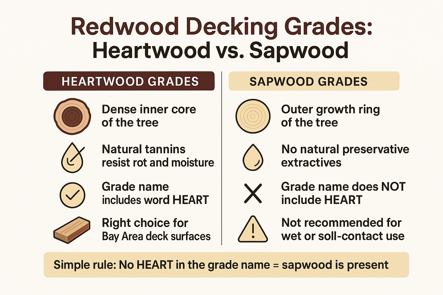 Infographic comparing heartwood and sapwood redwood grades and which applications each grade suits for deck building