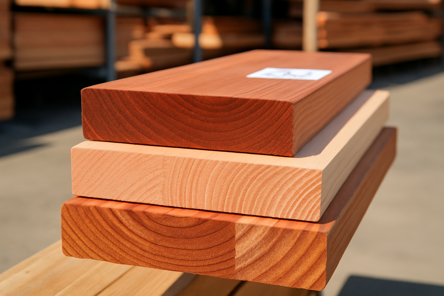 Three redwood deck boards stacked at a lumber yard showing heartwood and sapwood color differences in the grain
