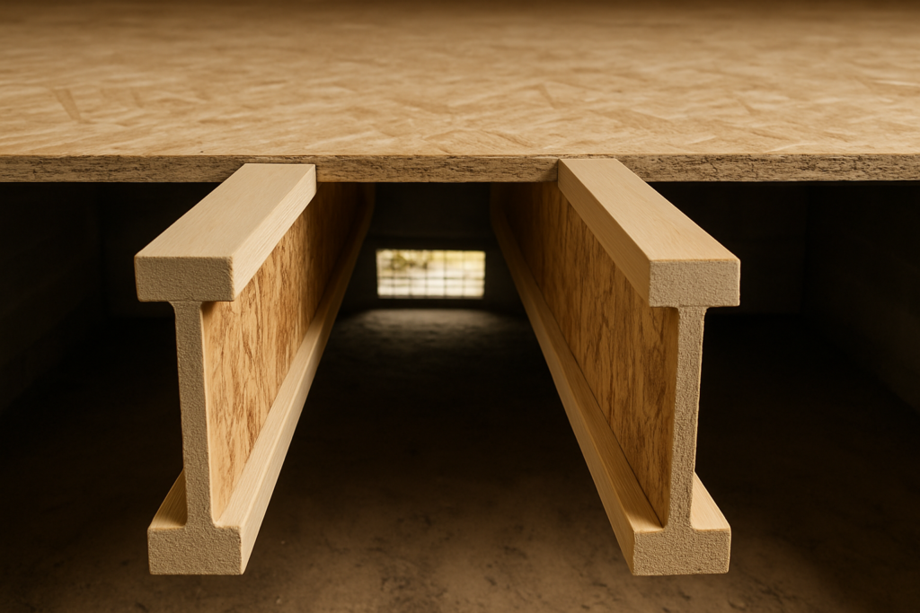 TJI engineered I-joists installed in a residential floor framing bay with OSB web and wood flanges visible