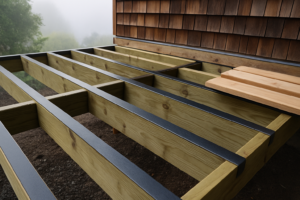 Deck joists taped along their tops during framing, with a flashed ledger against a Berkeley home in morning fog