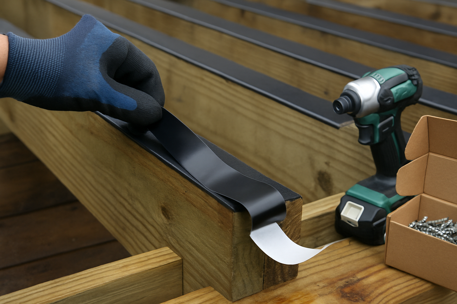 Butyl joist tape being pressed onto the top of a treated deck joist during framing