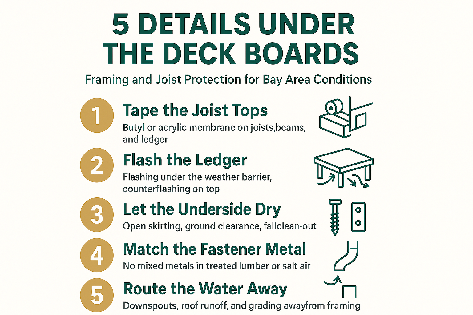 Infographic listing five deck framing and joist protection details for Bay Area conditions
