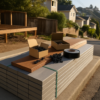 Banded composite deck boards, fascia, joist tape and hidden fastener clips staged curbside on a hillside street
