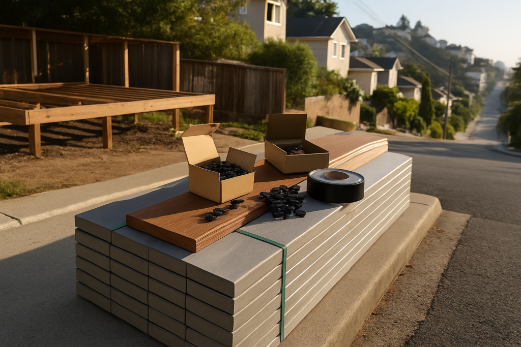 Banded composite deck boards, fascia, joist tape and hidden fastener clips staged curbside on a hillside street