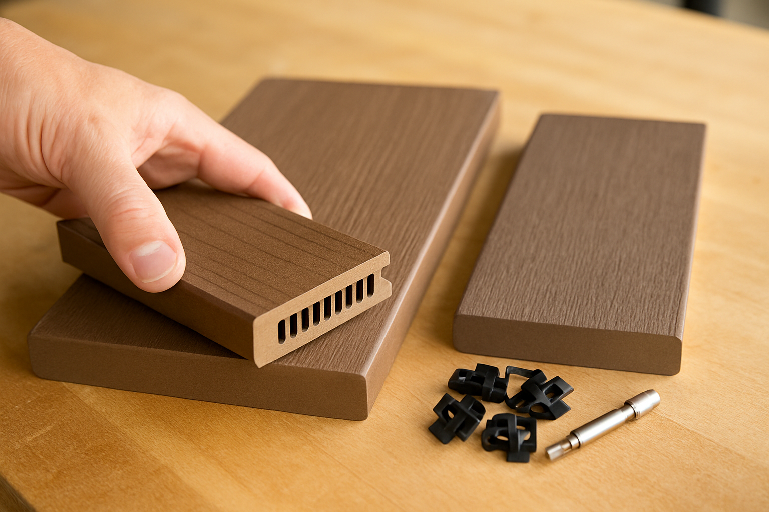 Beyond the Deck Boards: What a TimberTech AZEK Order Should Include 1 Grooved edge and square edge composite deck boards side by side with hidden fastener clips on a workbench