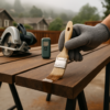 Gloved hand brushing end sealer onto a cut bamboo deck board on sawhorses in a foggy Bay Area yard