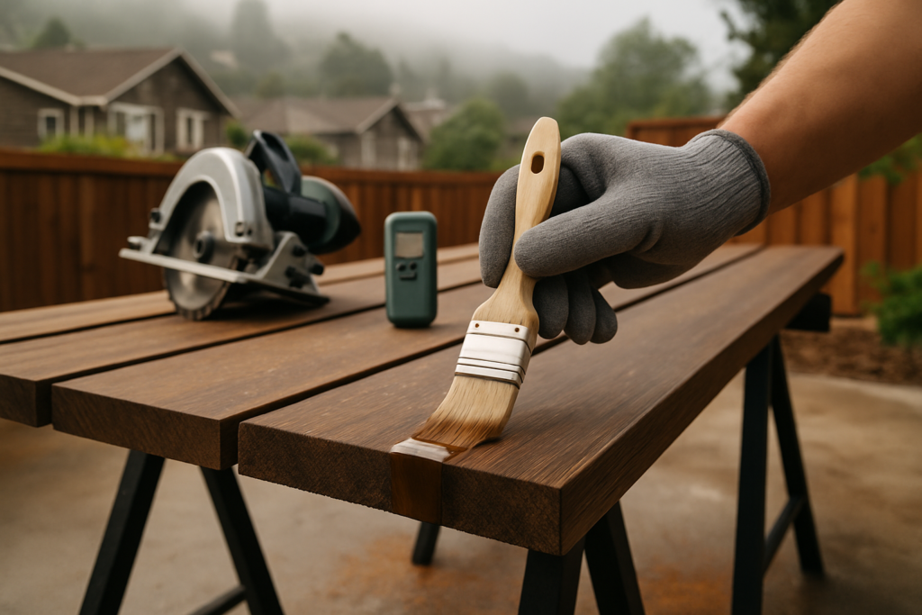 Gloved hand brushing end sealer onto a cut bamboo deck board on sawhorses in a foggy Bay Area yard