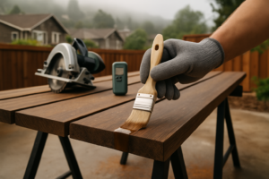 Gloved hand brushing end sealer onto a cut bamboo deck board on sawhorses in a foggy Bay Area yard