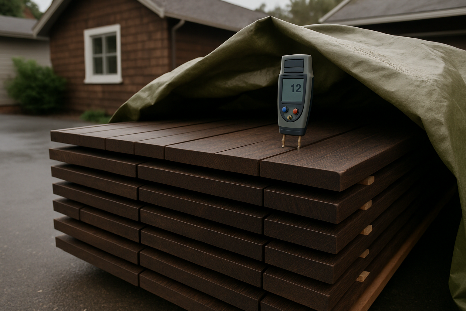 MOSO Bamboo Decking: Installation Details That Determine How It Performs 1 Stickered stack of bamboo deck boards acclimating on site with a moisture meter reading the top board