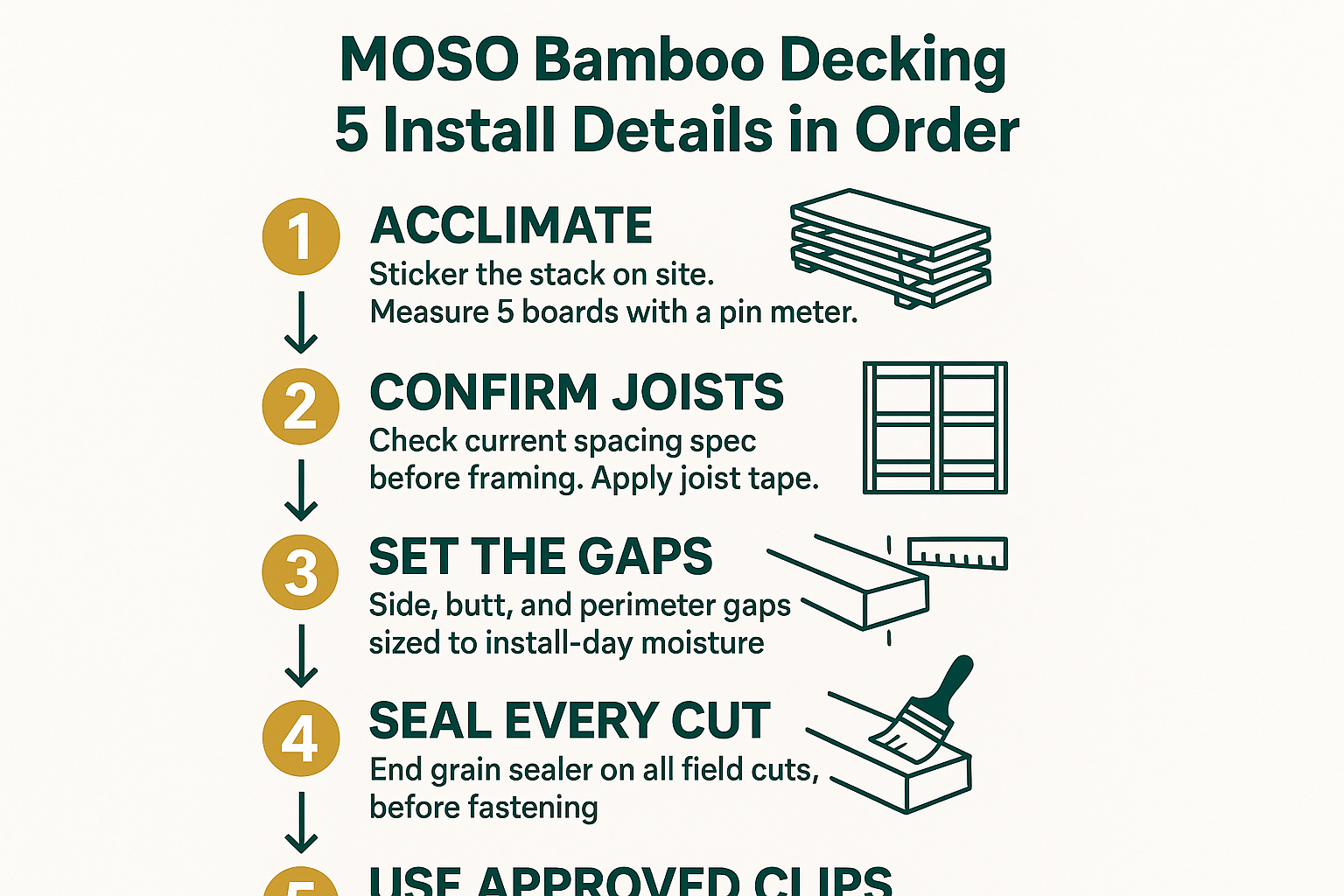 MOSO Bamboo Decking: Installation Details That Determine How It Performs 2 Infographic showing five ordered steps for installing MOSO bamboo decking, from acclimation to clip selection