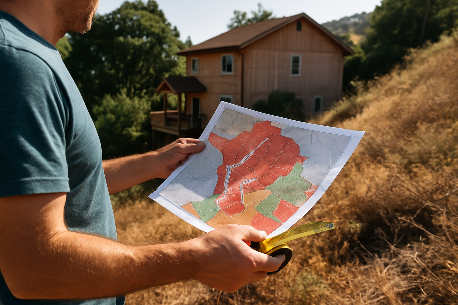 Oakland and Berkeley Fire Hazard Zones Changed. What It Means for Your Project 1 Contractor holding a parcel map at the edge of a hillside lot in the East Bay hills