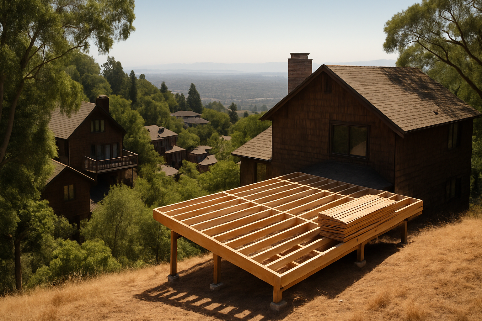 Berkeley hillside homes with a partly built deck, in an area affected by the 2025 fire hazard map change