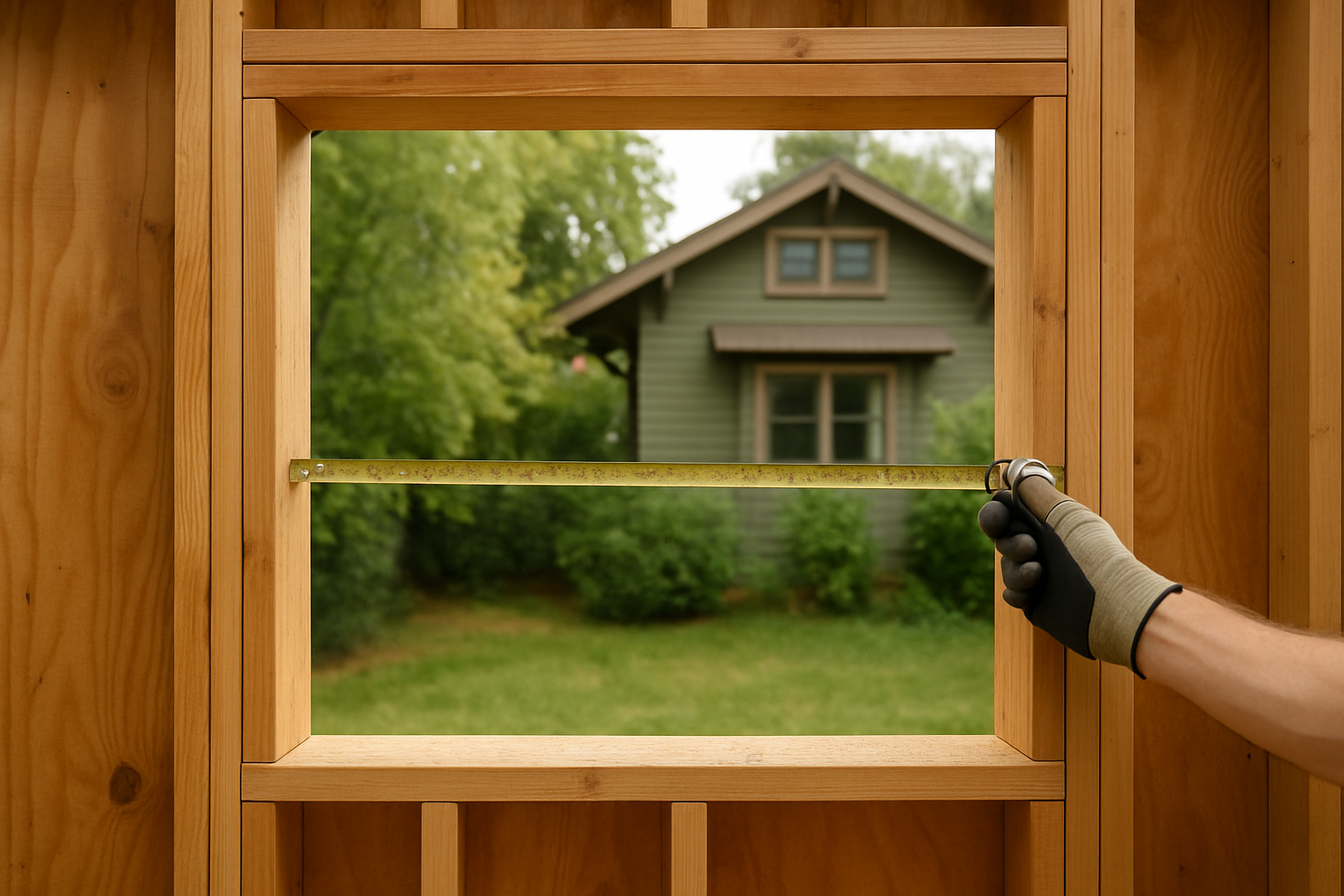 Planning an ADU in Berkeley or Oakland? Start With the Material List 1 Gloved hand measuring a rough window opening in a newly framed ADU wall with doubled header above