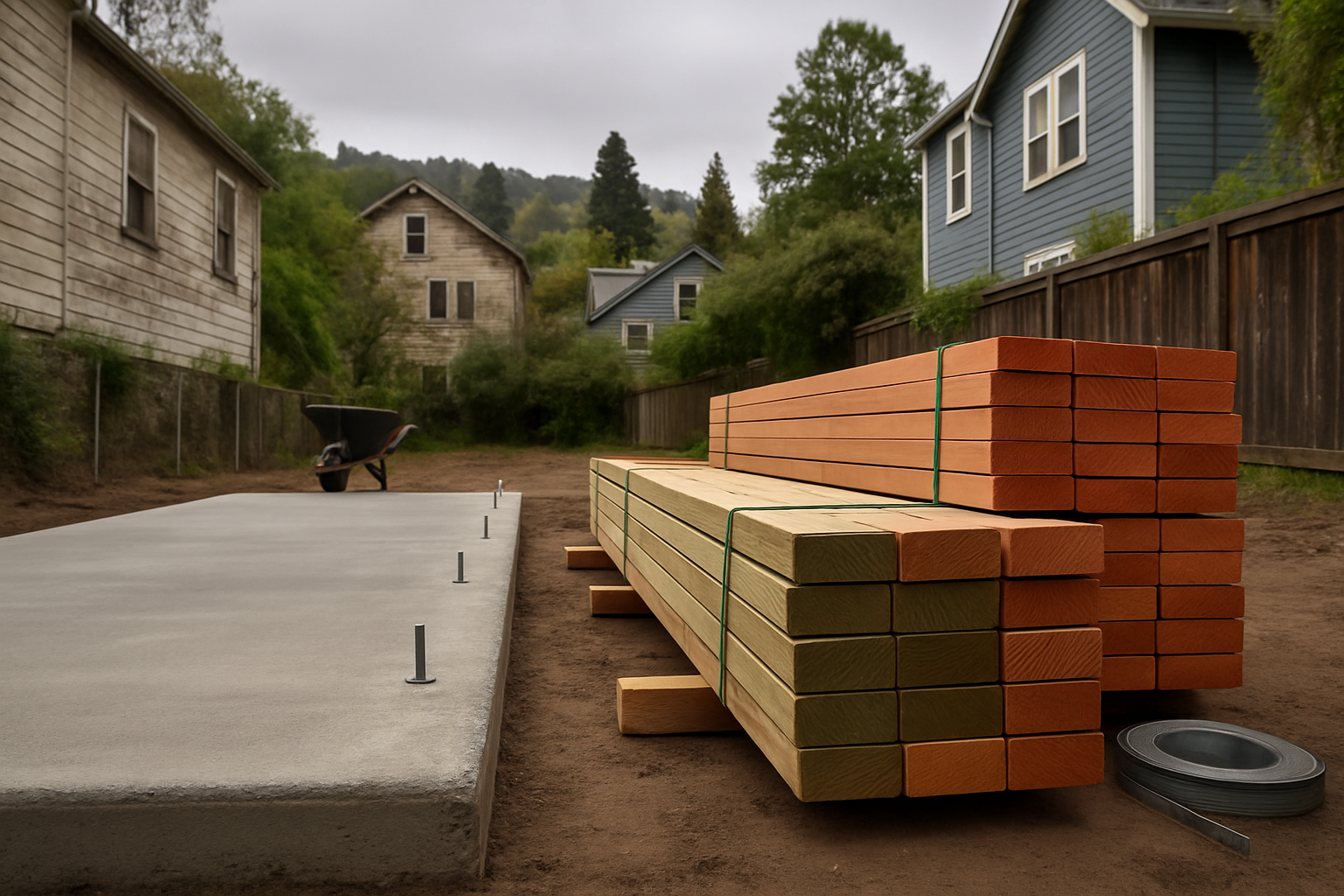 Stacked Douglas fir studs and treated sill plates staged beside a new ADU slab in an East Bay backyard