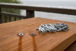 Rust streaks around screw heads on a redwood deck board with stainless and galvanized deck fasteners beside them