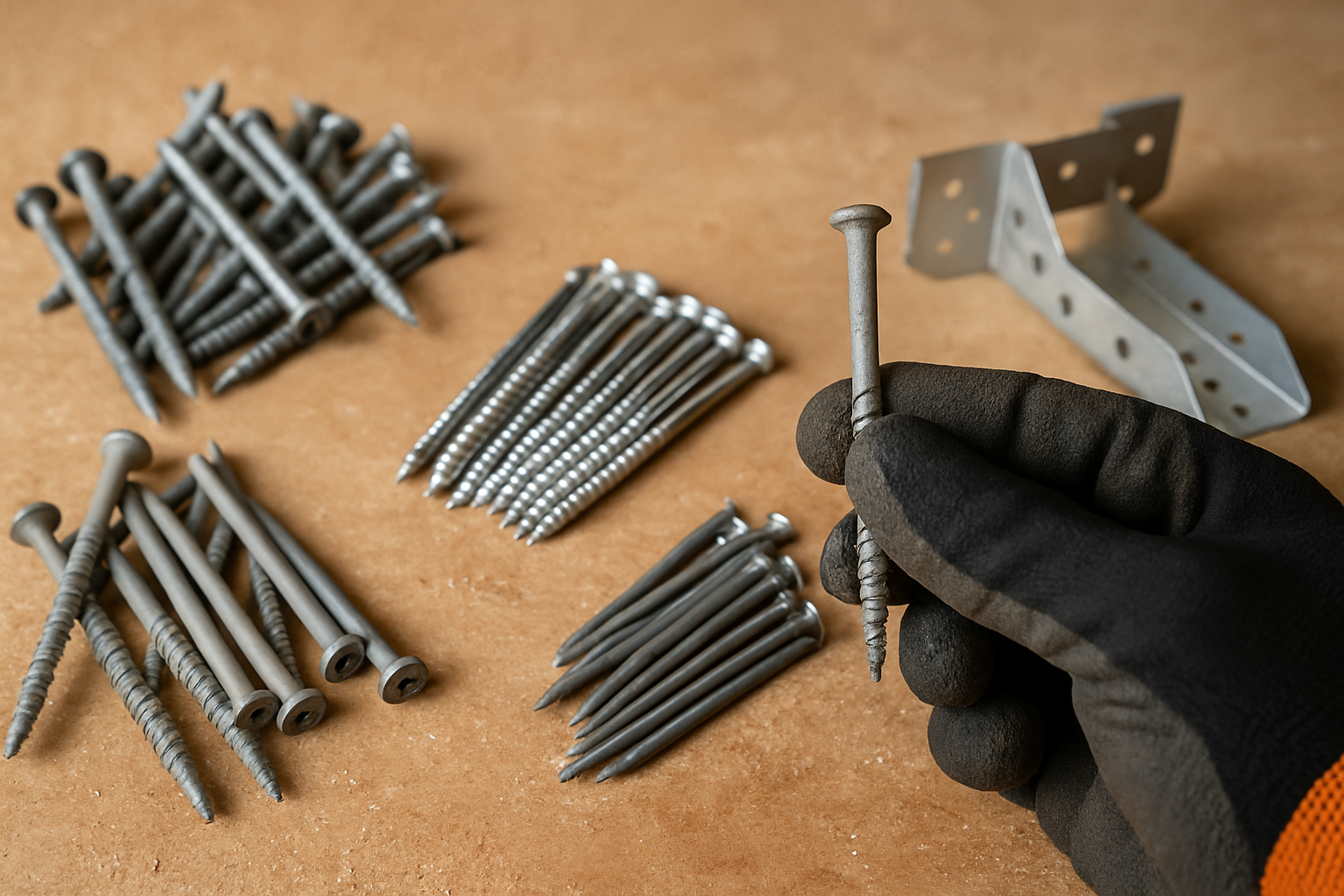 Stainless or Hot-Dip Galvanized: Picking Fasteners for Bay Area Salt Air 1 Hot-dip galvanized and stainless deck fasteners sorted on a workbench with a joist hanger