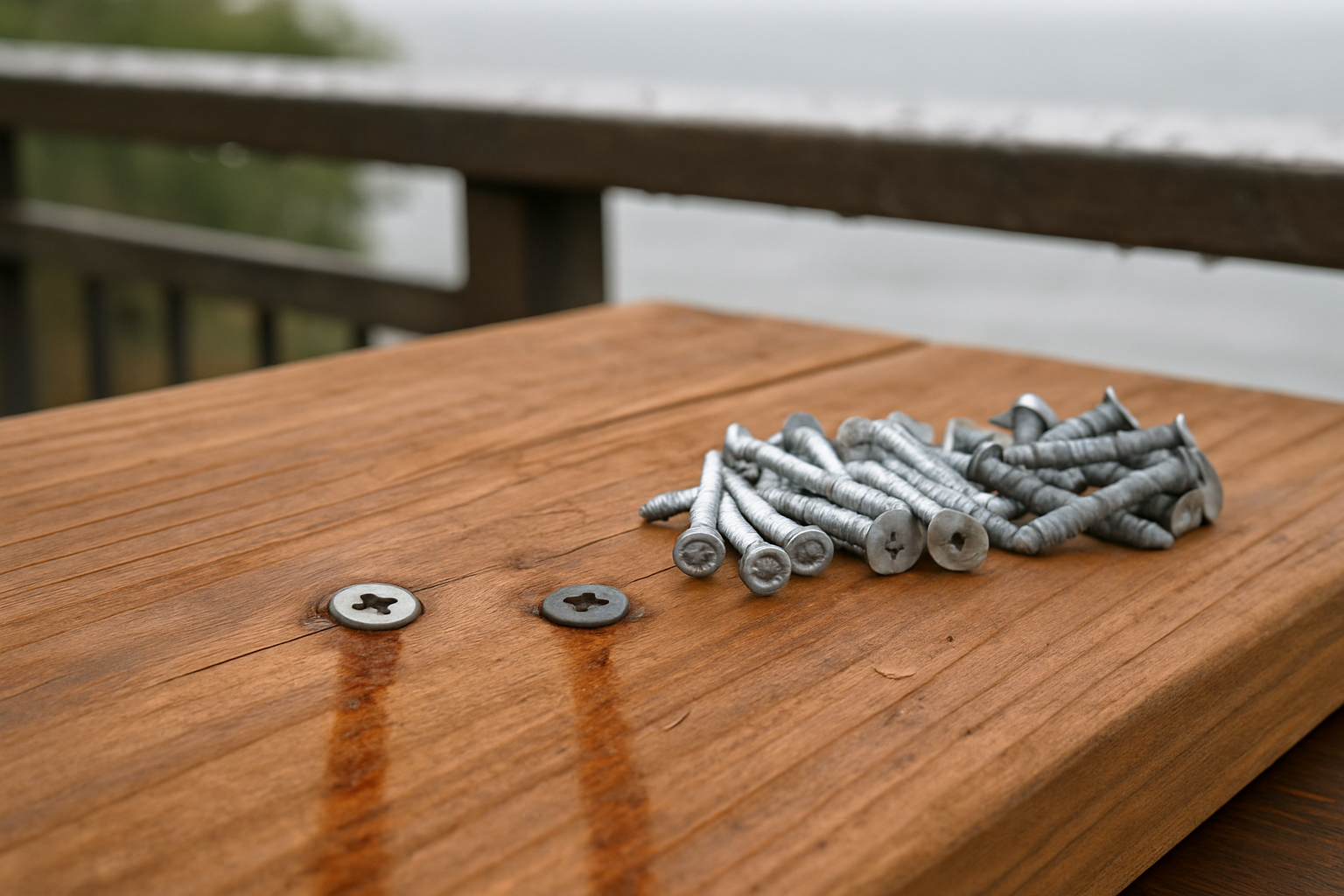 Rust streaks around screw heads on a redwood deck board with stainless and galvanized deck fasteners beside them