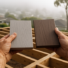 Contractor comparing two composite decking sample boards over an unfinished deck frame on a foggy morning