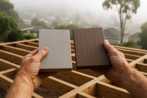 Contractor comparing two composite decking sample boards over an unfinished deck frame on a foggy morning