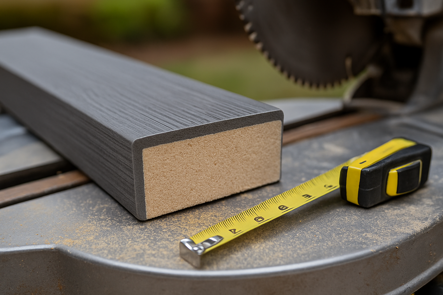 TimberTech Collections Compared: What the Different Lines Actually Mean 1 Cut end of a composite deck board on a miter saw showing the exposed core beneath the factory cap