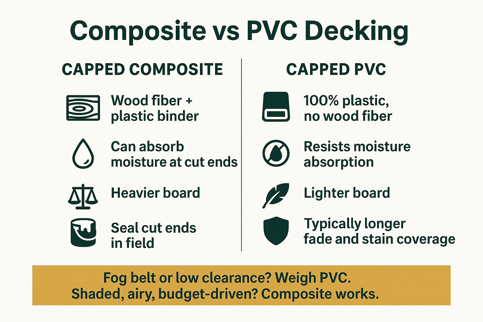 TimberTech Collections Compared: What the Different Lines Actually Mean 2 Infographic comparing capped composite and capped PVC decking on moisture, weight, and warranty coverage
