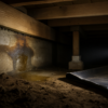 Flashlight beam on a damp mudsill and bare crawl space soil under an older Berkeley home before winter rain