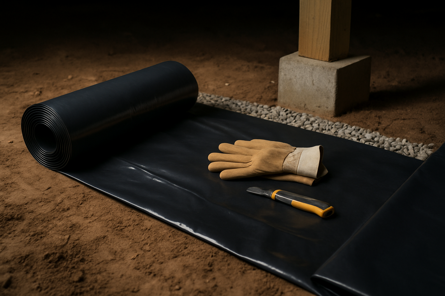 Polyethylene ground cover vapor barrier being rolled across bare crawl space soil and weighted with gravel