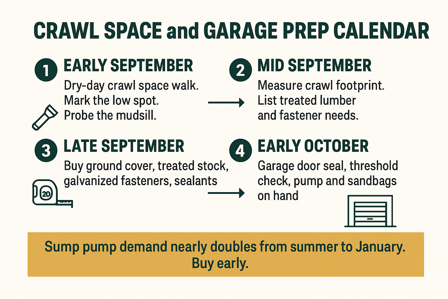 Infographic showing a four-step September to October crawl space and garage storm prep calendar