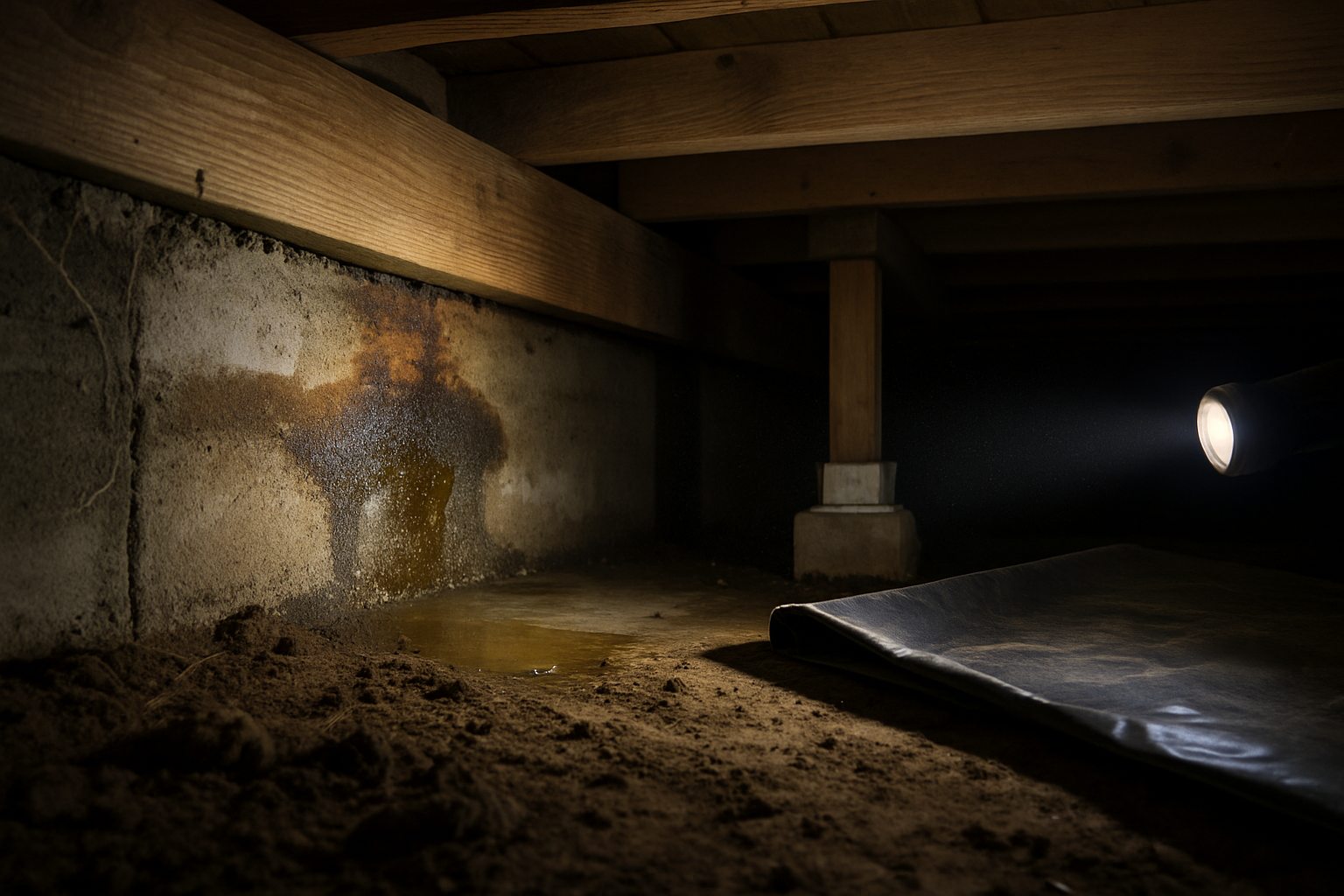 Flashlight beam on a damp mudsill and bare crawl space soil under an older Berkeley home before winter rain