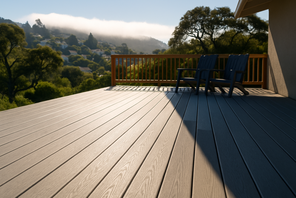 Sunlit and shaded halves of a backyard deck with Bay Area hillside homes and fog behind it