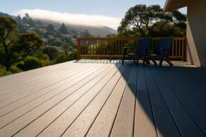 Sunlit and shaded halves of a backyard deck with Bay Area hillside homes and fog behind it