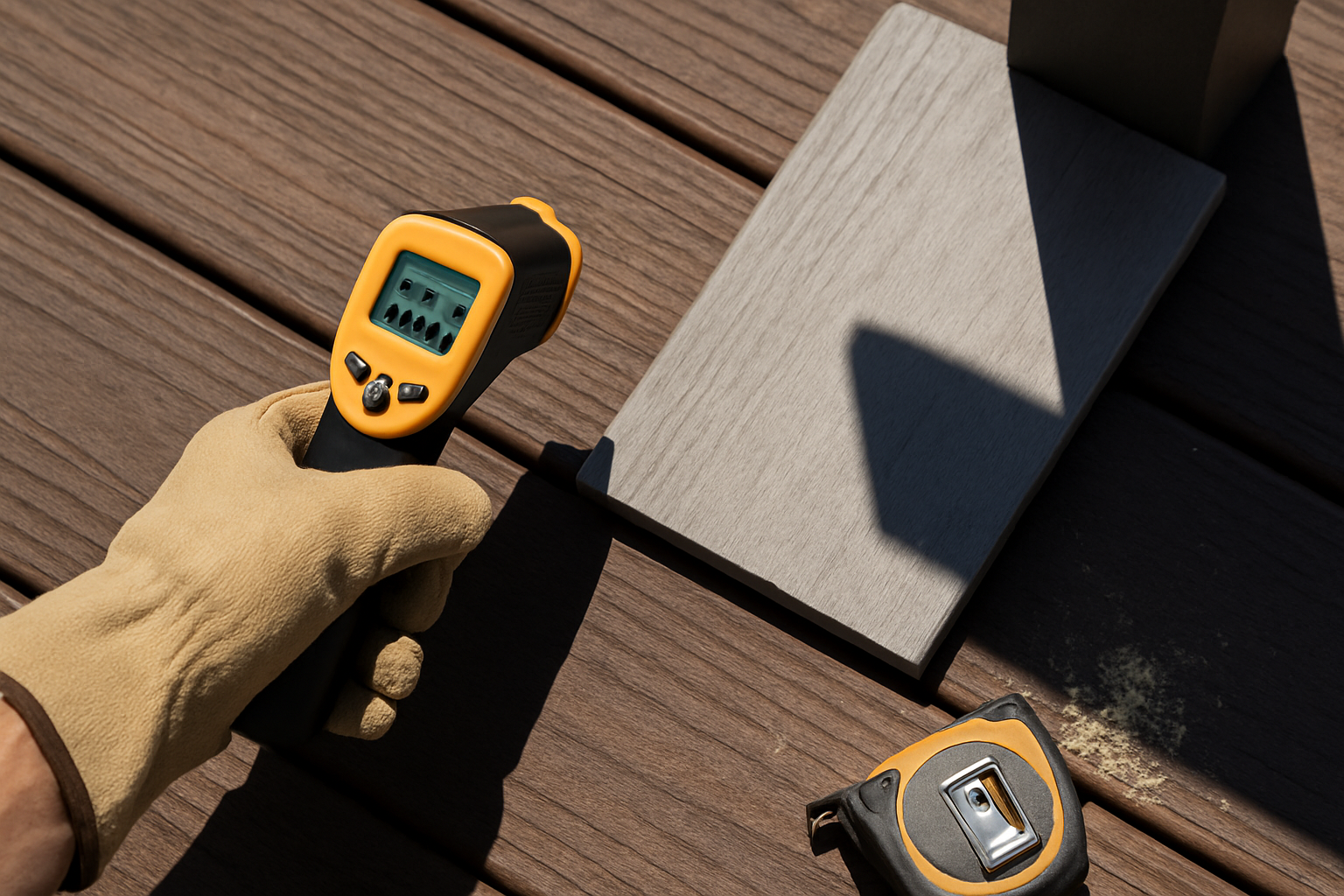 Gloved hand aiming an infrared thermometer at a dark composite deck board beside a light gray sample