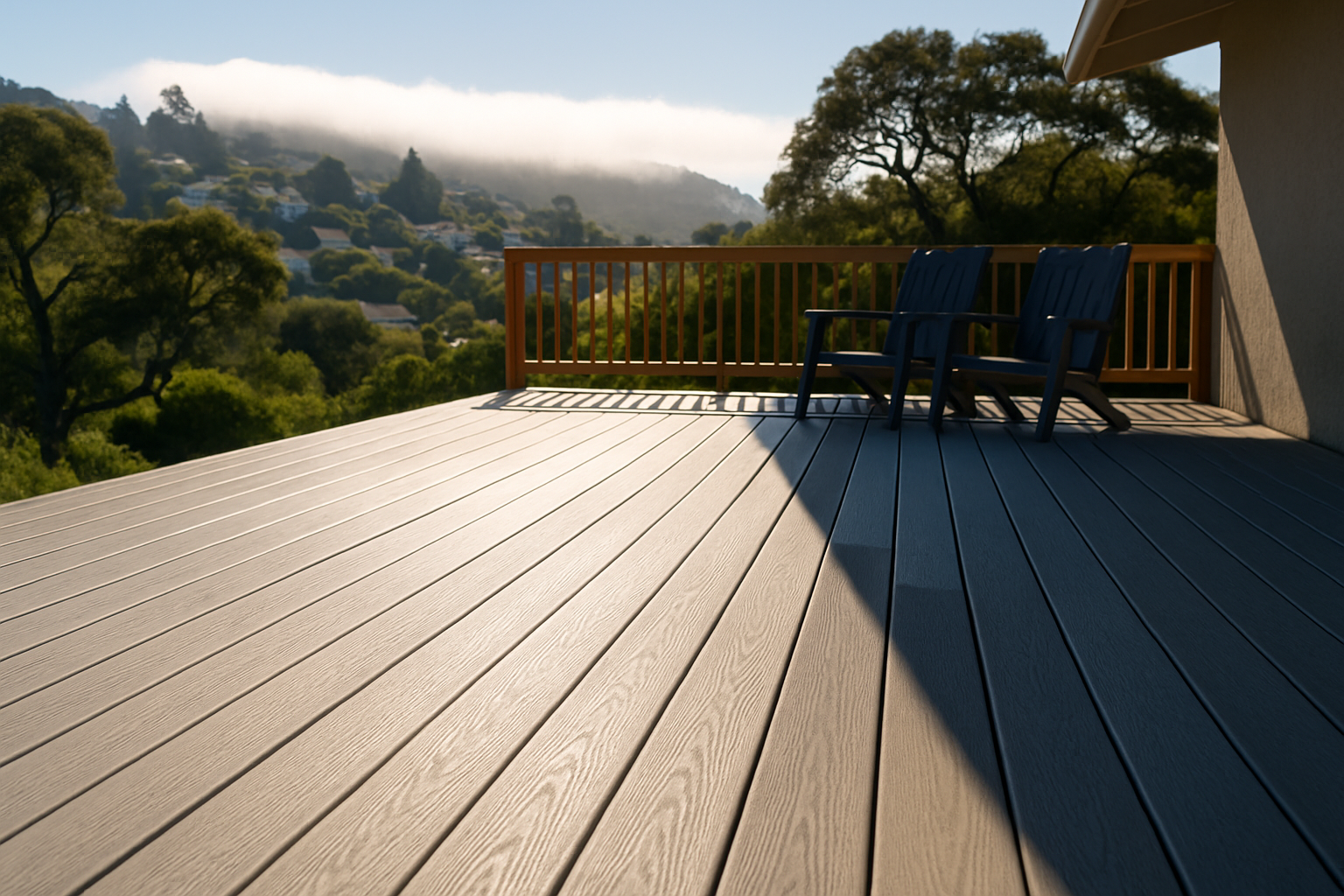 Sunlit and shaded halves of a backyard deck with Bay Area hillside homes and fog behind it