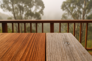 Redwood deck board showing sun-faded gray on one side and rich color in shade, with fog behind the railing